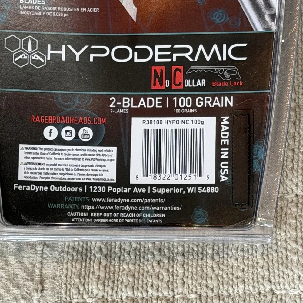 Rage Hypodermic No Collar SlipCam Broadheads 2-Blade 100 Grain (3 Pack)